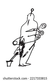Conceptual image of a silhouette of a person cut out of paper. The illustration is hand drawn in doodle style. Sharp metal pins, needles and scissors are stuck into the paper man.