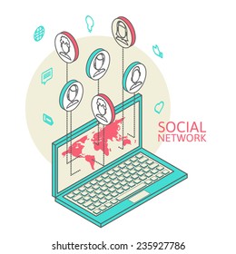 Conceptual image with social networks. Flat isometry, vector illustration eps 10
