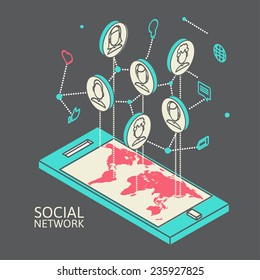 Conceptual image with social networks. Flat isometry, vector illustration eps 10