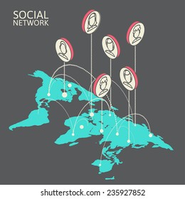 Conceptual image with social networks. Flat isometry, vector illustration eps 10