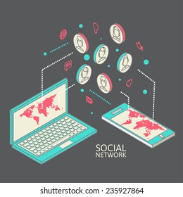 Conceptual image with social networks. Flat isometry, vector illustration eps 10