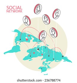Conceptual image with social networks. Flat isometry, vector illustration eps 10