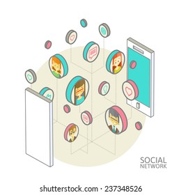 Conceptual image with social networks. Flat isometry, vector illustration