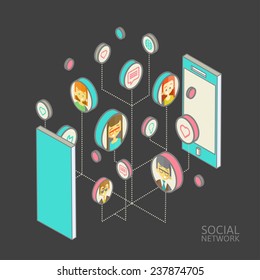 Conceptual image with social networks. Flat isometry, vector illustration