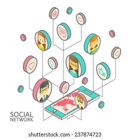 Conceptual image with social networks. Flat isometry, vector illustration