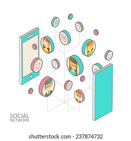Conceptual image with social networks. Flat isometry, vector illustration