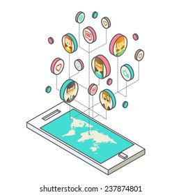 Conceptual image with social networks. Flat isometry, vector illustration