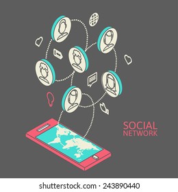 Conceptual image with social networks. Flat  isometric, vector illustration