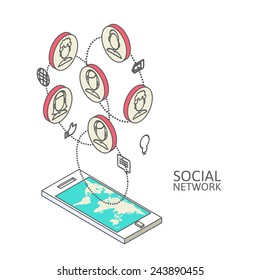 Conceptual image with social networks. Flat  isometric, vector illustration