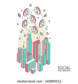 Conceptual image with social networks. Flat  isometric, vector illustration