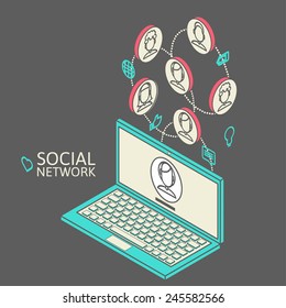 Conceptual image with social networks. Flat isometry, vector illustration eps 10