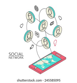 Conceptual image with social networks. Flat isometry, vector illustration eps 10