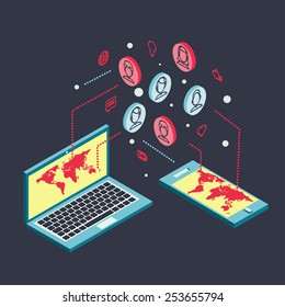Conceptual image with social networks. Flat isometry, vector illustration eps 10