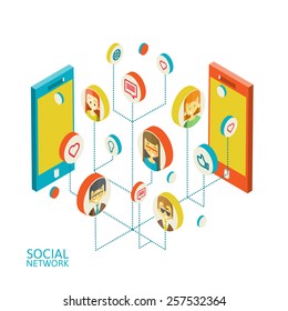 Conceptual image with social networks. Flat isometry, vector illustration