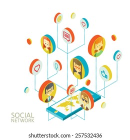 Conceptual image with social networks. Flat isometry, vector illustration