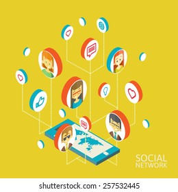 Conceptual image with social networks. Flat isometry, vector illustration