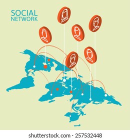 Conceptual image with social networks. Flat isometry, vector illustration eps 10