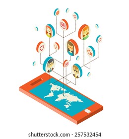 Conceptual image with social networks. Flat isometry, vector illustration