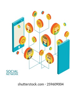 Conceptual image with social networks. Flat isometry, vector illustration