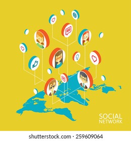 Conceptual image with social networks. Flat isometry, vector illustration