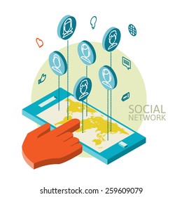 Conceptual image with social networks. Flat isometry, vector illustration eps 10