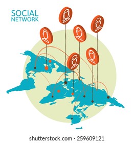 Conceptual image with social networks. Flat isometry, vector illustration eps 10
