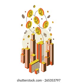 Conceptual image with social networks. Flat  isometric, vector illustration