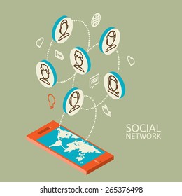 Conceptual image with social networks. Flat  isometric, vector illustration