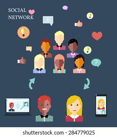 Conceptual Image with Social Networks. Vector Flat Illustration.