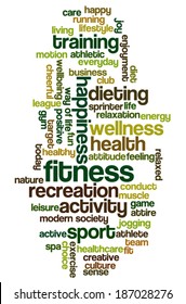 Conceptual image of tag cloud containing words related to fitness, recreation, sports and healthy lifestyle.