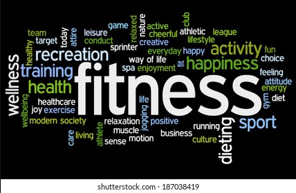 Conceptual image of tag cloud containing words related to fitness, recreation, sports and healthy lifestyle, on black background