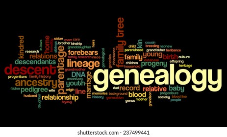 Conceptual image of tag cloud containing words related to genealogy and family history research