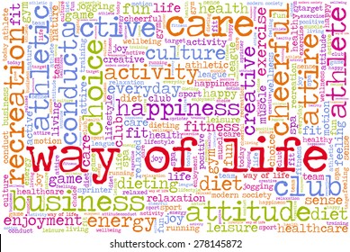 Conceptual image of tag cloud containing words related to healthy lifestyle. Words "way of life" emphasized.