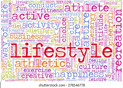 Conceptual image of tag cloud containing words related to healthy lifestyle. Word "lifestyle" emphasized.