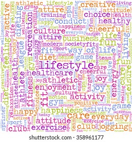Conceptual image of tag cloud containing words related to healthy lifestyle in shape of square