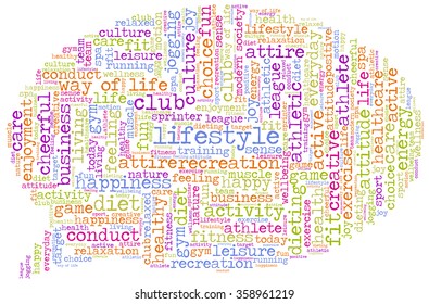 Conceptual image of tag cloud containing words related to healthy lifestyle in shape of a callout