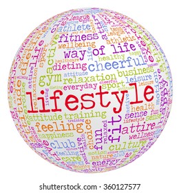 Conceptual image of tag cloud containing words related to healthy lifestyle. Word "lifestyle" emphasized.