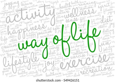 Conceptual image of tag cloud containing words related to active life and healthy lifestyle. Words "way of life" emphasized.