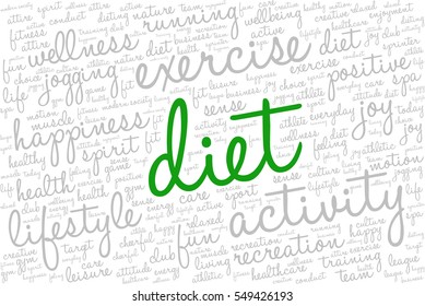 Conceptual image of tag cloud containing words related to active life and healthy lifestyle. Word "diet" emphasized.