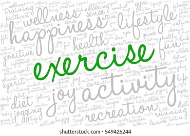 Conceptual image of tag cloud containing words related to active life and healthy lifestyle. Word "exercise" emphasized.