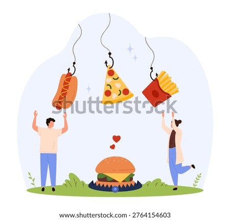 Conceptual image of tiny people reaching for junk food like pizza, hot dogs, and fries, symbolizing addiction and temptation isolated on white background vector illustration