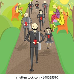 Conceptual Image of Two Group of People in the Park with and without Nomophobia, - phobia of being out of cellular phone contact. People without Phones Relaxing with Books in the Green Park