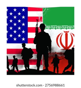 Conceptual image of war between Israel and Iran, using flag and silhouette