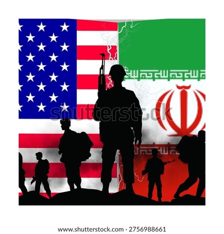 Conceptual image of war between Israel and Iran, using flag and silhouette
