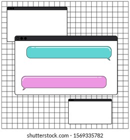Conceptual image of web design, social media and communication. Speech bubbles in messenger on squared background.