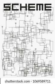 Conceptual image of wired communication system. Modern monochrome vector illustration. Complex schematic abstract electrical scheme. Intricate geometric plan. Template for poster. Element of design.