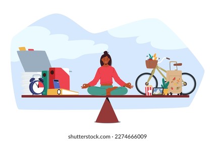 Conceptual Image Of Woman Sitting on Scales in Meditation Pose, Weighing Her Options Between Career And Family. Conflict In Trying To Balance Work And Personal Life. Cartoon People Vector Illustration