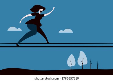 Conceptual image of a woman wearing mask dangerously walks through the wire high in the air.
