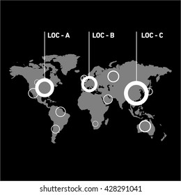 Conceptual infographic worldwide location map chart | modern flat design illustration of infographics elements white on black background