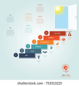 Conceptual infographics steps up stairway to the open door. Business success startup. Template 6 positions, possible to use for workflow, banner, diagram, web design, timeline, area chart